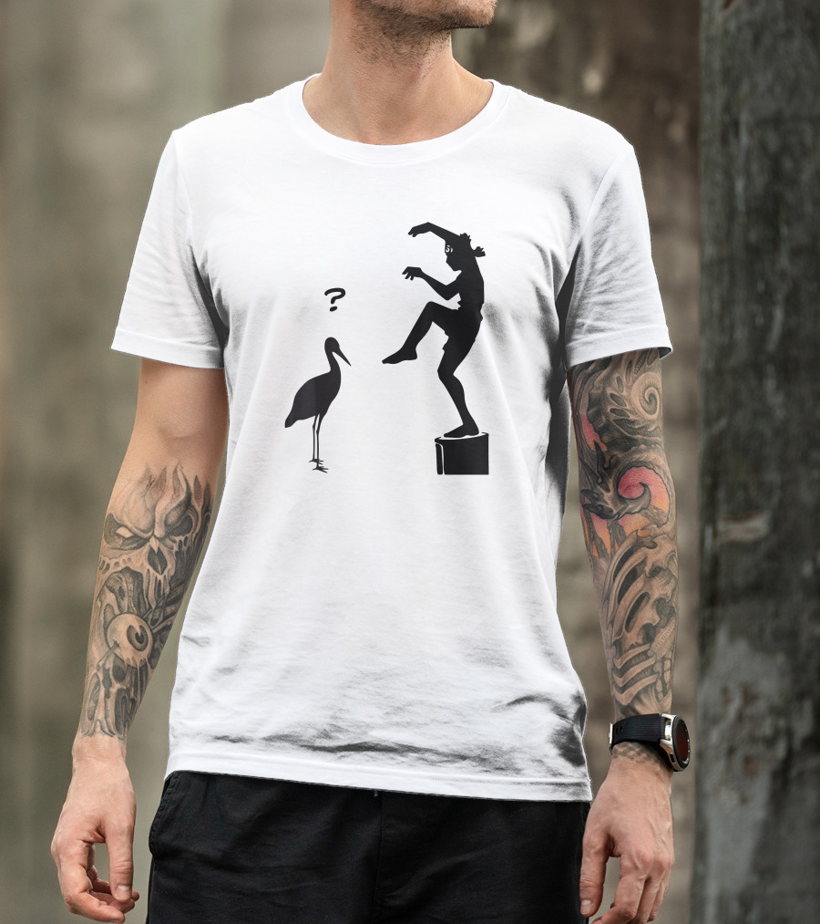 Karate Teen Crane Kick Pose On Pacific Ocean Beach With Surprised Bird T-Shirt