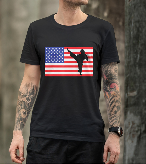 Karate USA American Flag Martial Arts Kicking Fighter T-Shirt