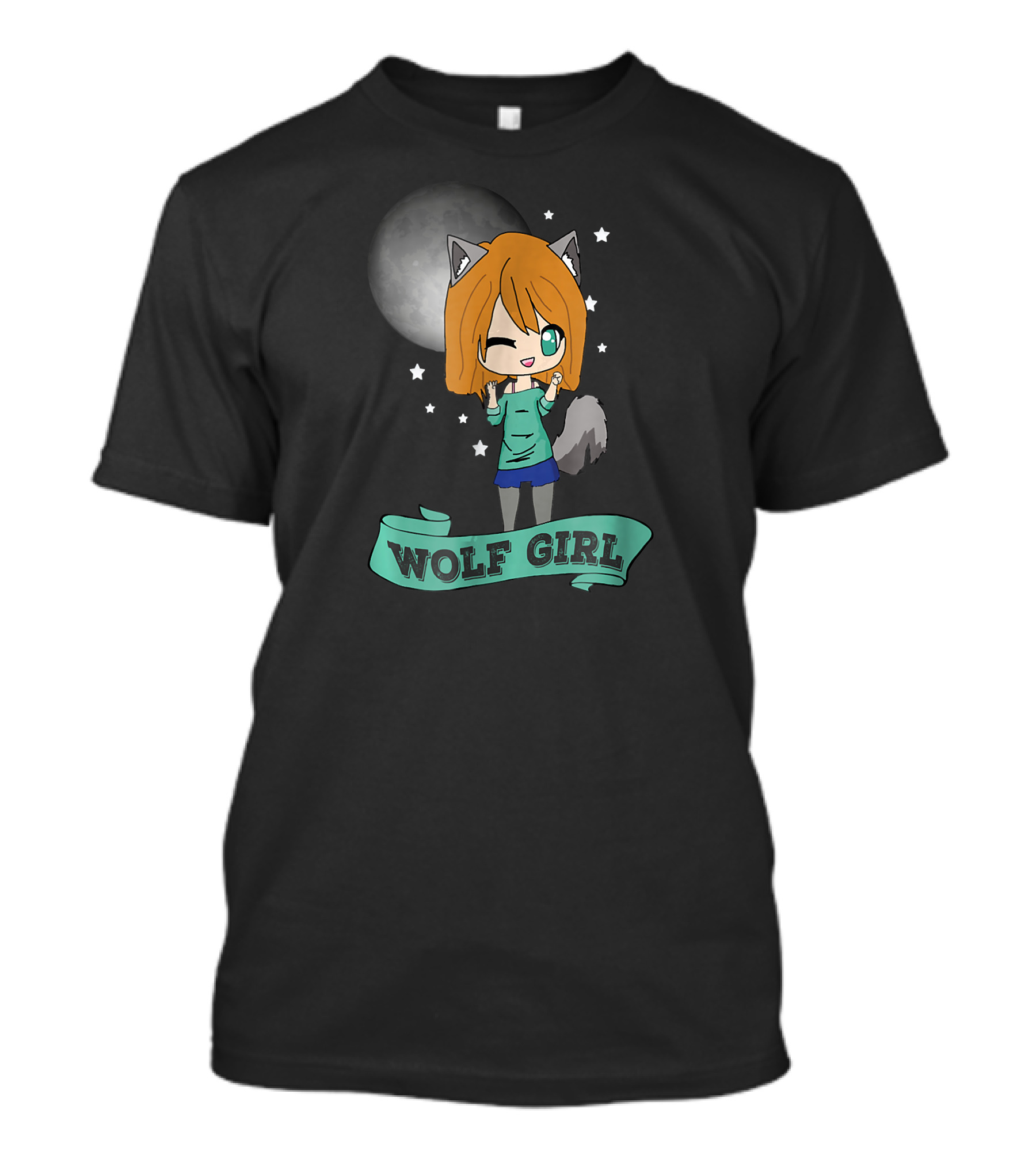 Kawaii Cute Wolf Girl Anime Chibi Under Moon With Stars T-Shirt