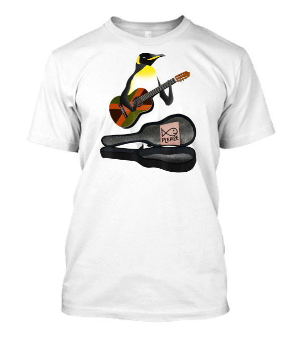 King Penguin Playing Guitar With Case And Fish Sign Pleaze T-Shirt