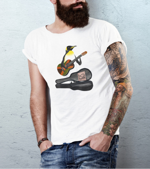 King Penguin Playing Guitar With Case And Fish Sign Pleaze T-Shirt