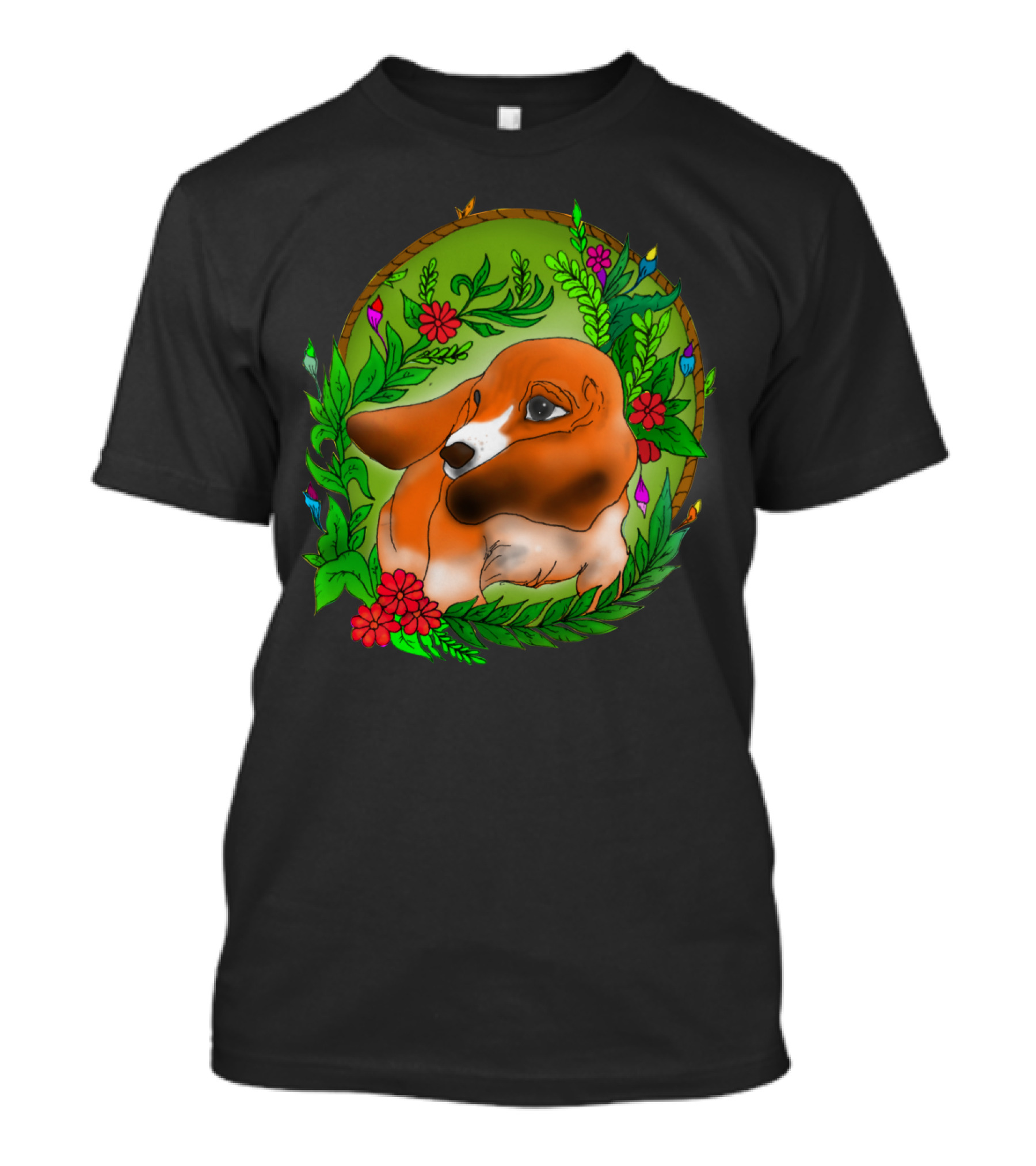 Dog Surrounded By Vibrant Blossoms And Greenery T-Shirt