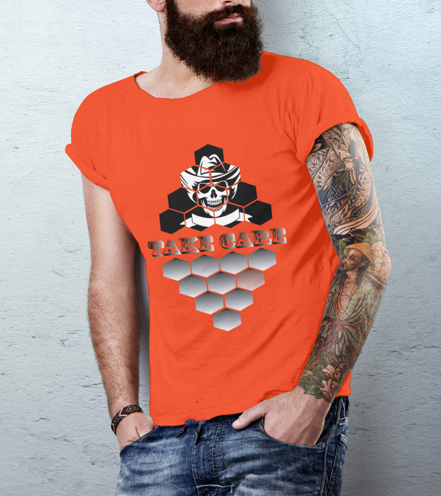 Take Care Hexagonal Cowboy Skull T-Shirt