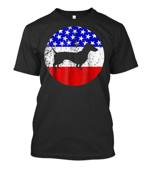 American Flag Dachshund Silhouette With Stars And Stripes Circle Background T-Shirt