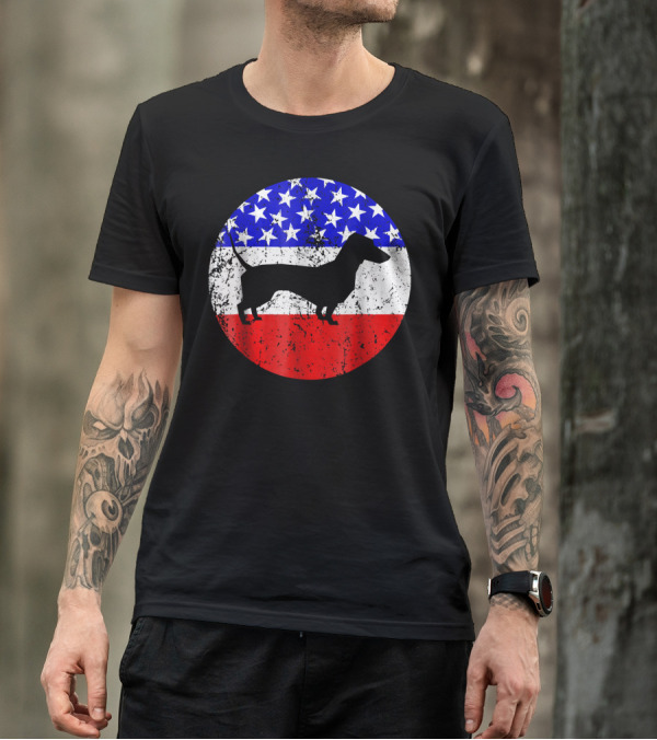 American Flag Dachshund Silhouette With Stars And Stripes Circle Background T-Shirt