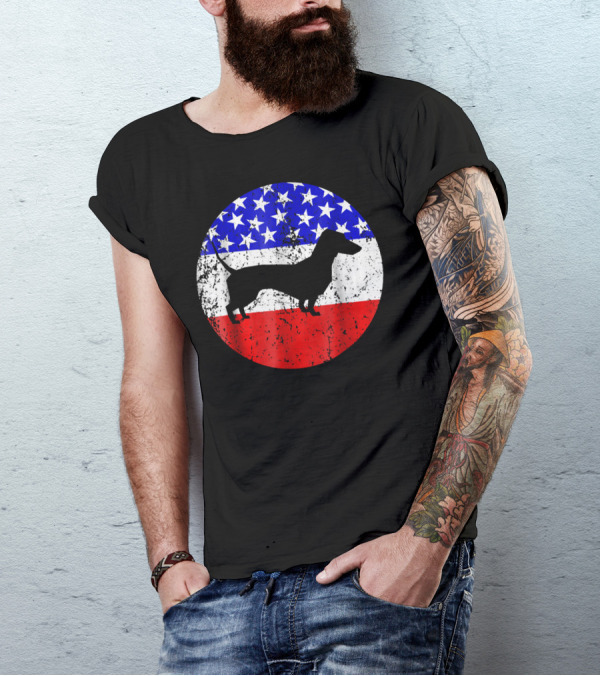 American Flag Dachshund Silhouette With Stars And Stripes Circle Background T-Shirt