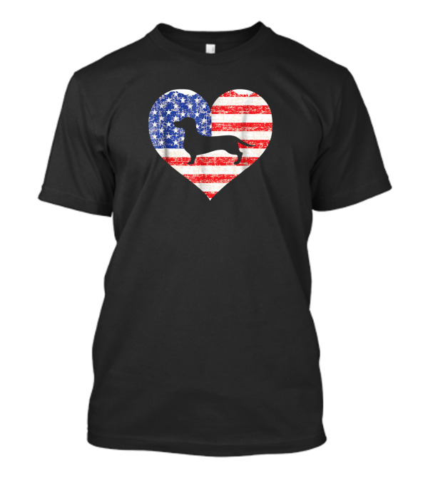 Heart Shaped American Flag With Dachshund Silhouette Love Dog US T-Shirt
