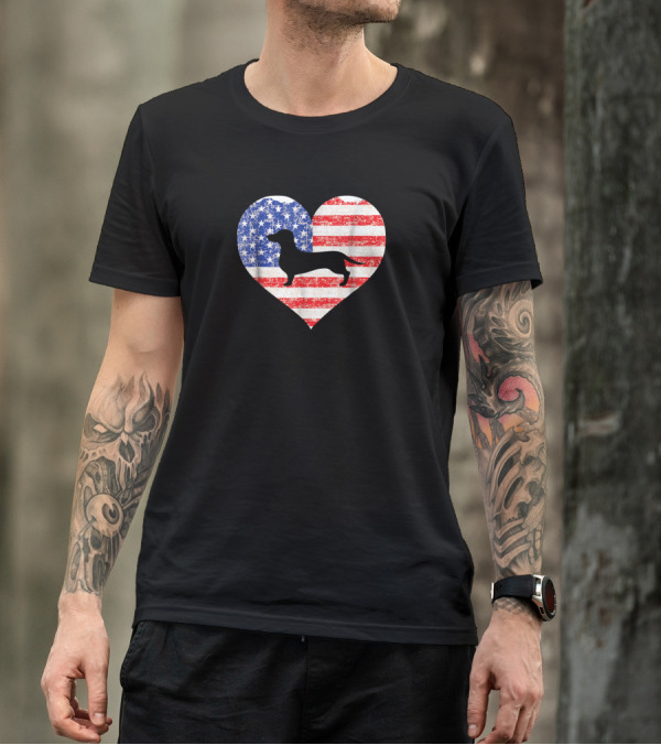Heart Shaped American Flag With Dachshund Silhouette Love Dog US T-Shirt