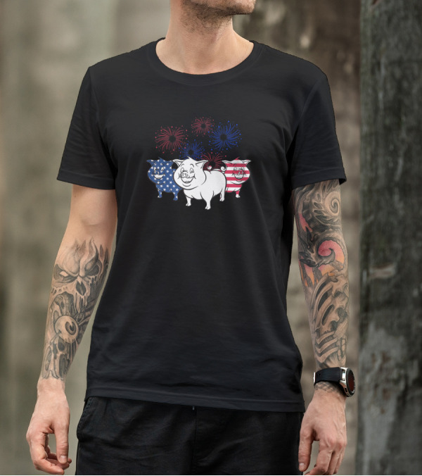 American Independence Day Pig Trio With Fireworks T-Shirt