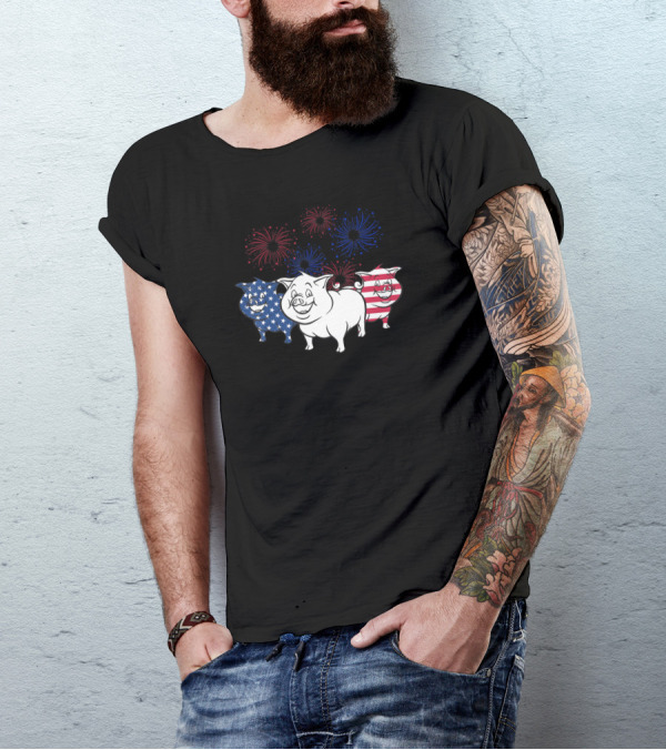 American Independence Day Pig Trio With Fireworks T-Shirt