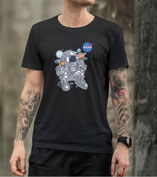 Astronaut With Planet Ice Cream Cones And NASA T-Shirt