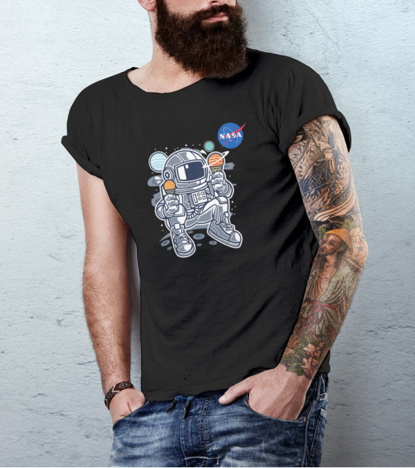 Astronaut With Planet Ice Cream Cones And NASA T-Shirt