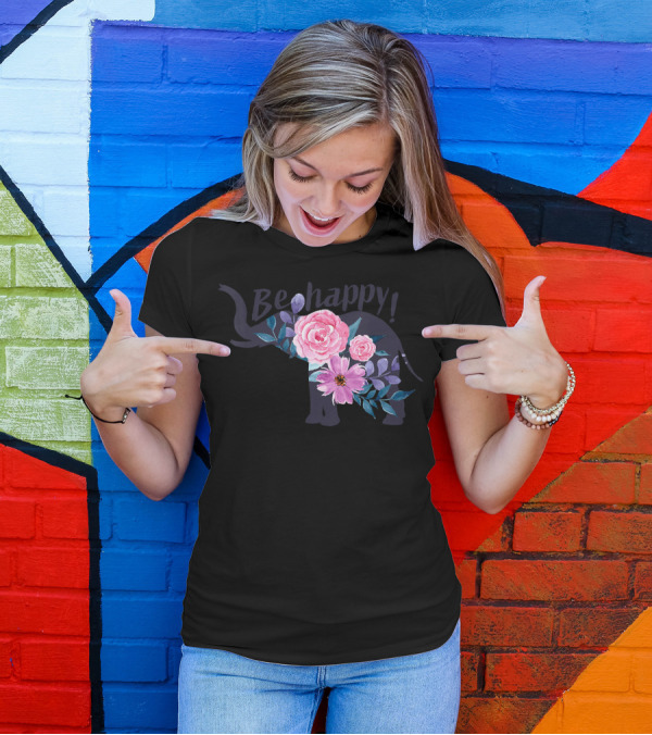 Be Happy Funny Cute Elephant With Flowers T-Shirt