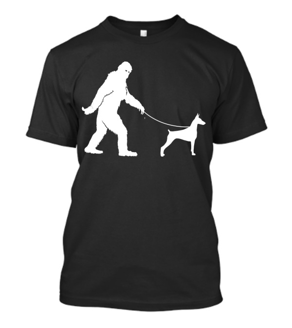 Bigfoot Walking Doberman Funny Cute Sasquatch T-Shirt