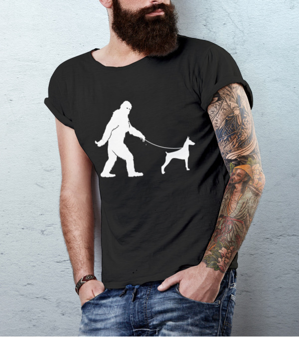 Bigfoot Walking Doberman Funny Cute Sasquatch T-Shirt