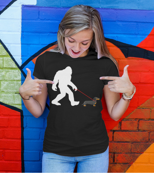 Bigfoot Walking Dachshund Funny Dog Silhouette Humor T-Shirt