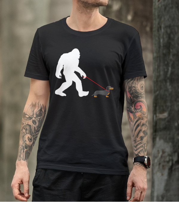 Bigfoot Walking Dachshund Funny Dog Silhouette Humor T-Shirt