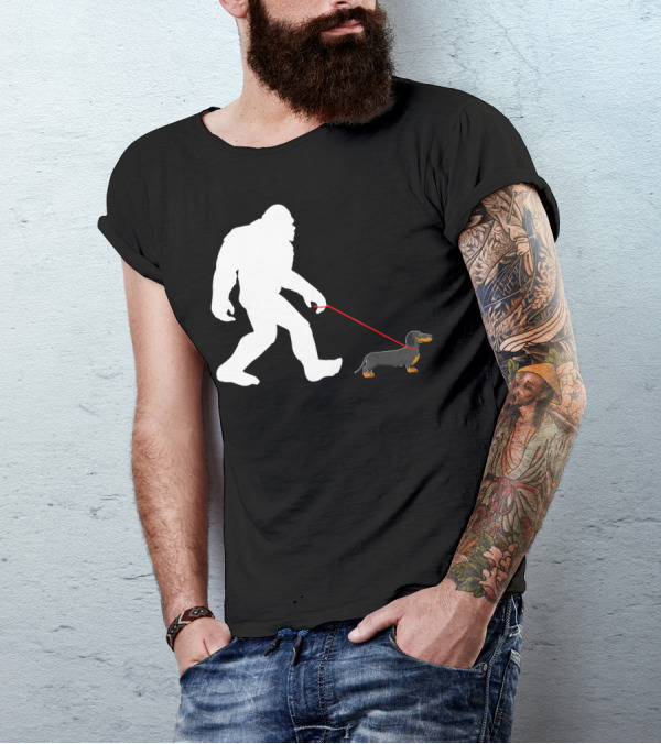 Bigfoot Walking Dachshund Funny Dog Silhouette Humor T-Shirt