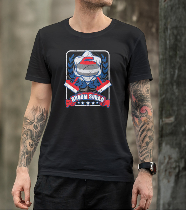 Broom Squad Curling Enthusiast Shield With Curling Stone And Brooms T-Shirt