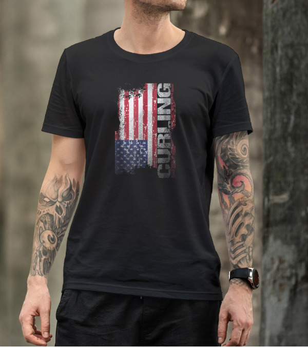 Curling USA Flag Curling Sports American Pride T-Shirt