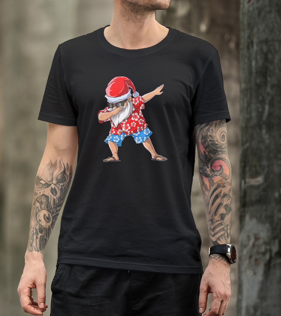 Dabbing Santa Claus Wearing Hawaiian Shirt And Sunglasses For Christmas In July T-Shirt