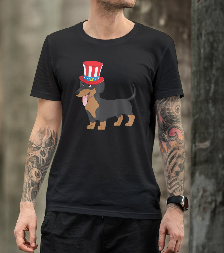 Dachshund Wearing Patriotic Hat 4th Of July Family Kids T-Shirt