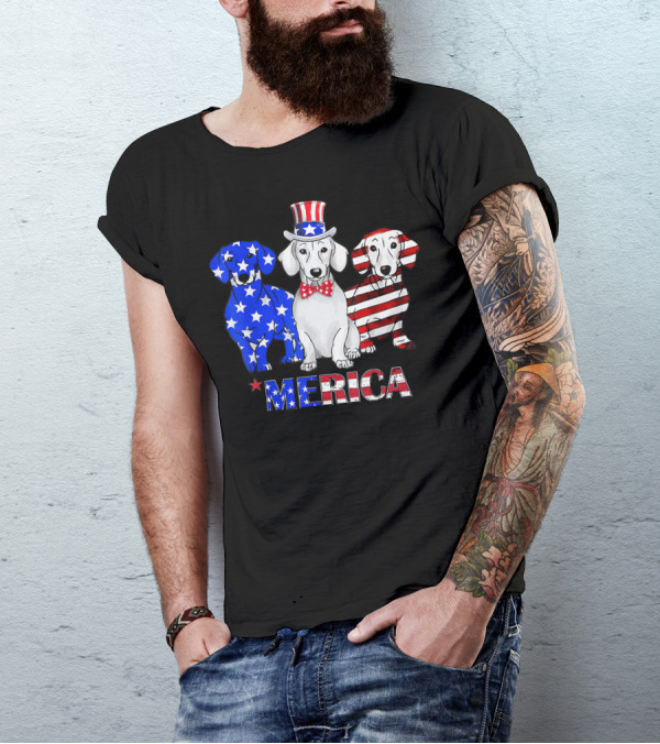 Merica Dachshund Breed Dog America Flag Patriot T-Shirt