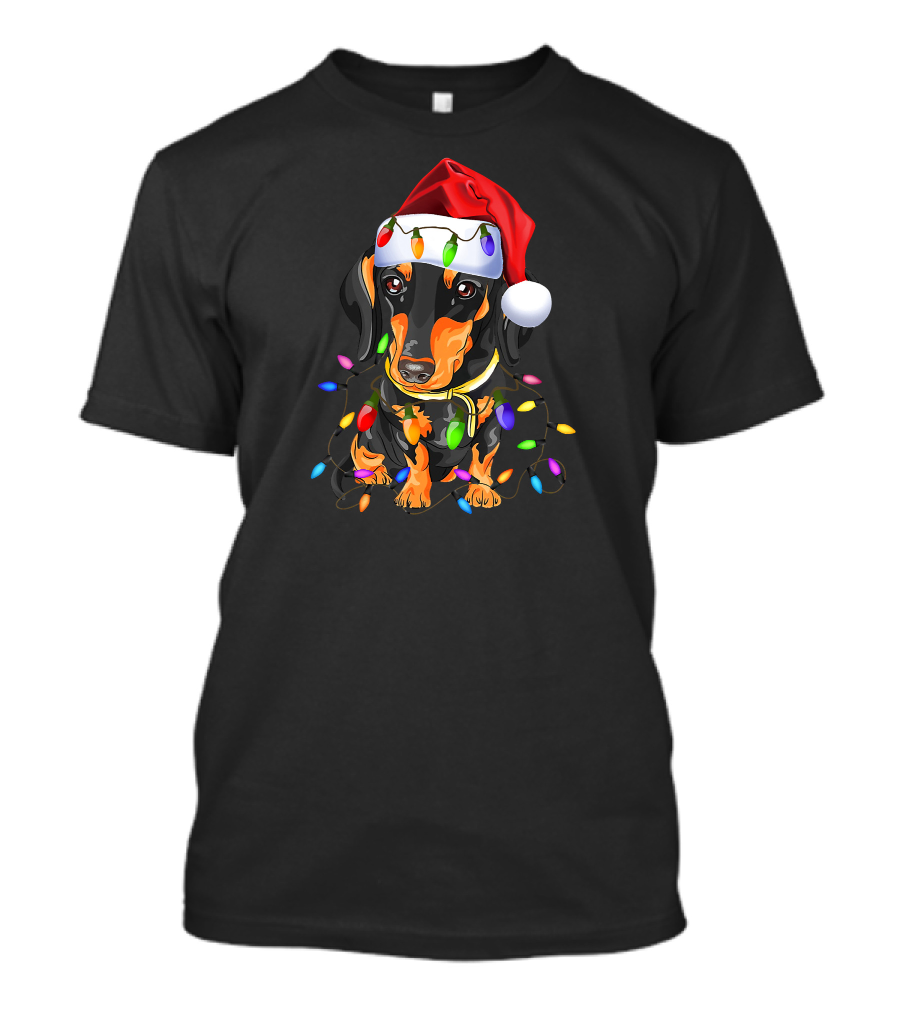 Dachshund Christmas Santa Hat Wrapped In Colorful Lights T-Shirt