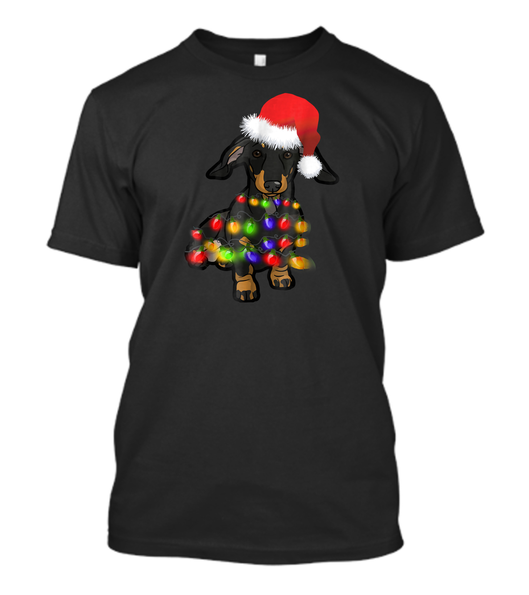 Dachshund In Santa Hat Wrapped In Christmas Lights T-Shirt