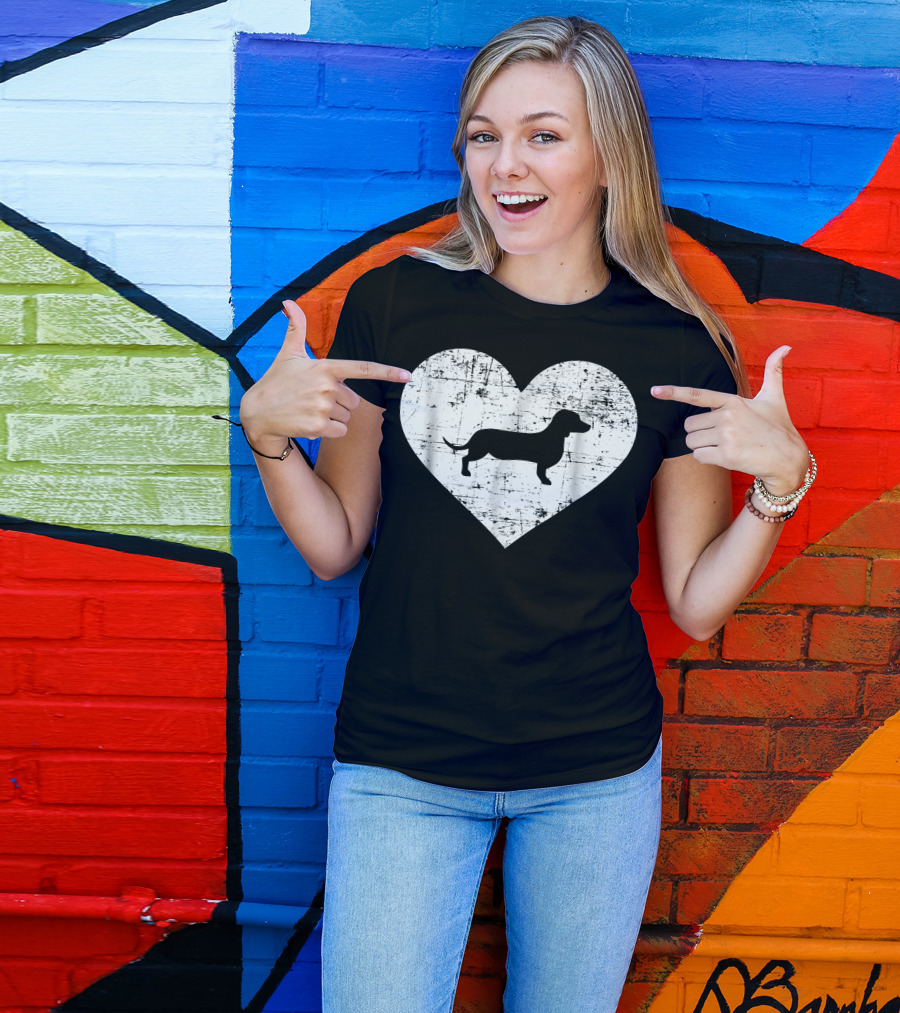 Dachshund Silhouette In Distressed Heart Shape T-Shirt