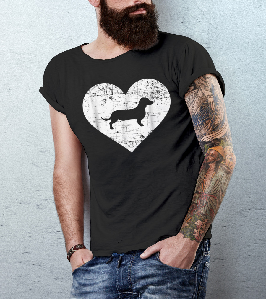 Dachshund Silhouette In Distressed Heart Shape T-Shirt