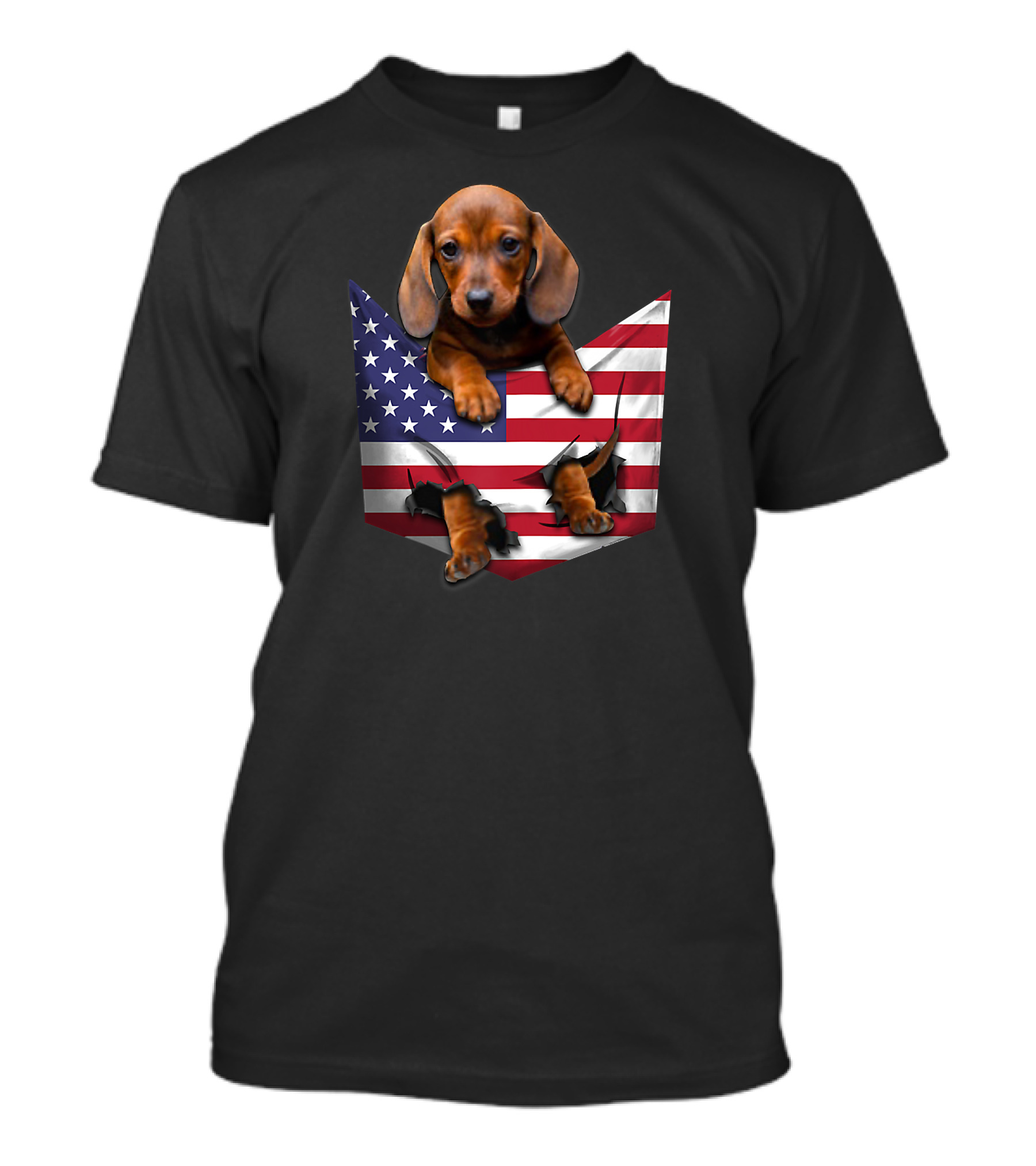 Dachshund In Torn American Flag Pocket 4th July T-Shirt