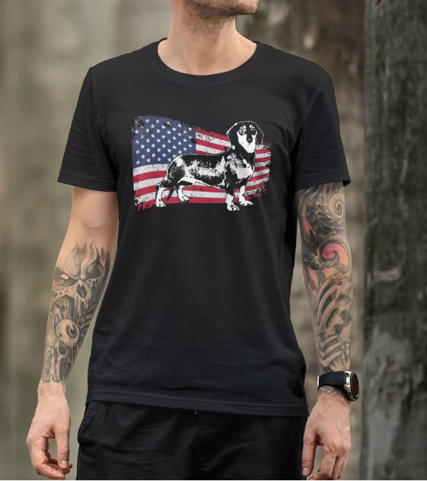 Dachshund Fun Dog American Flag Background T-Shirt