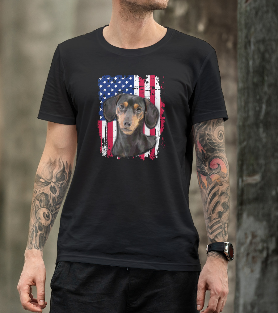 Dachshund With US Flag Background For 4th Of July T-Shirt