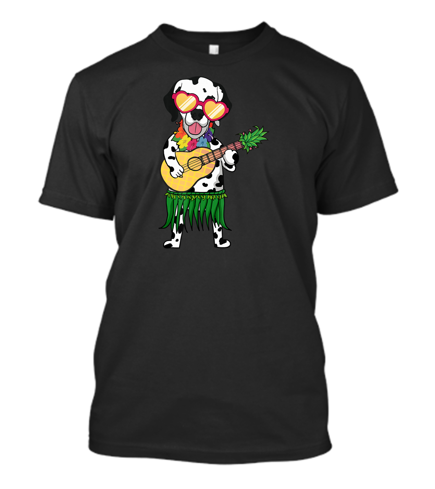 Dalmatian Hawaiian Costume Playing Ukulele With Pineapple Design And Heart Sunglasses T-Shirt