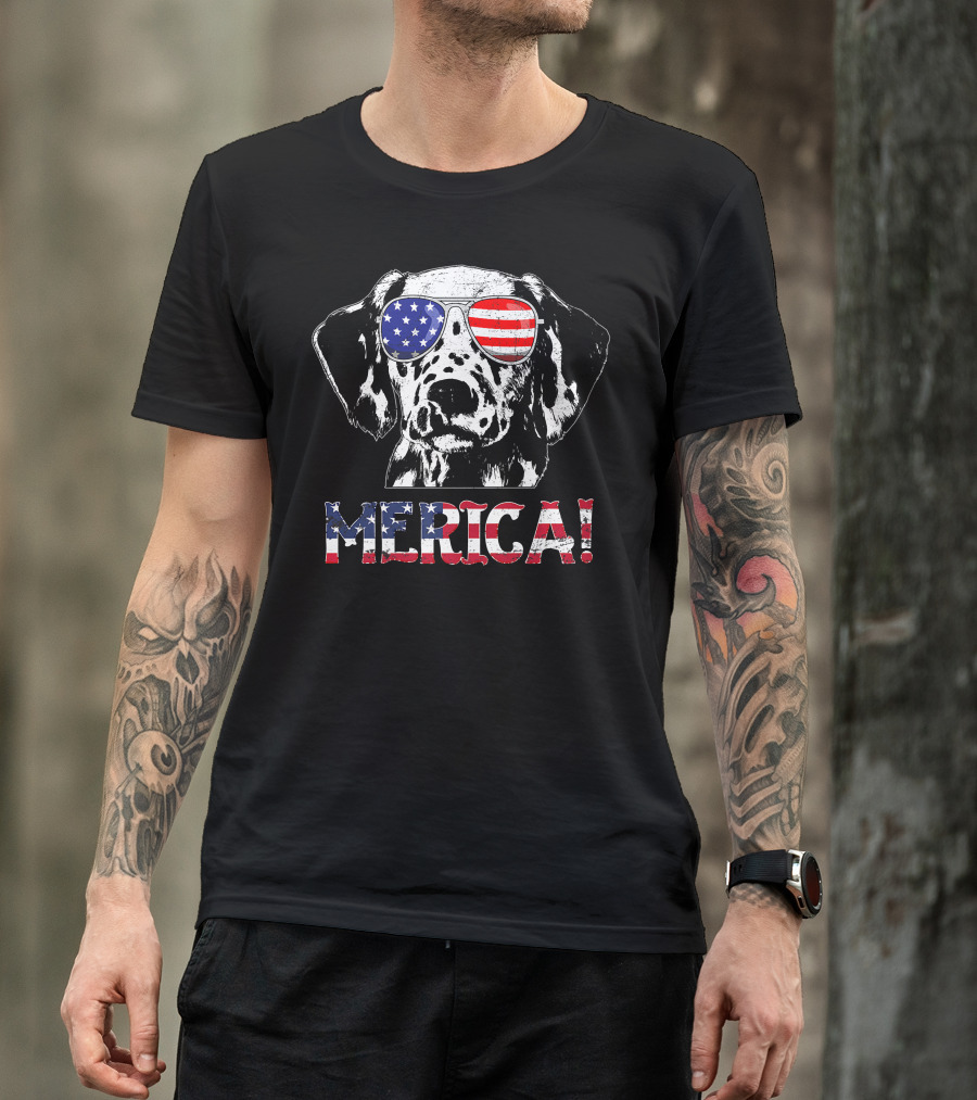 Dalmatian Merica 4th Of July With American Flag Sunglasses T-Shirt