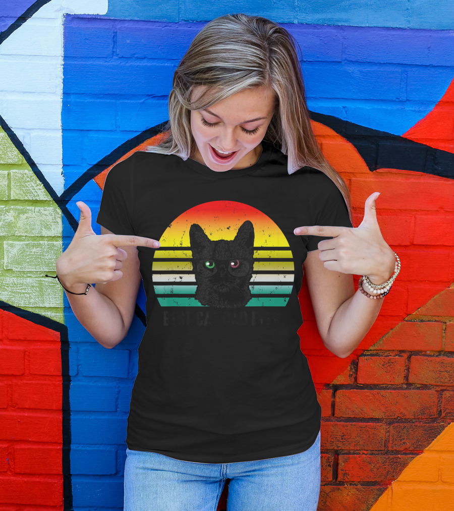 Vintage Best Cat Dad Ever Cat With Glasses Retro Stripes T-Shirt