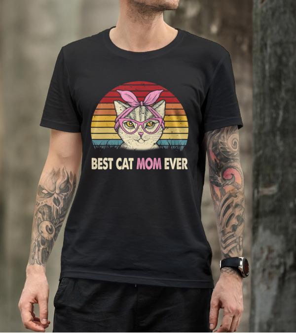 Best Cat Mom Ever Vintage Retro Cat Mama With Glasses And Headscarf T-Shirt