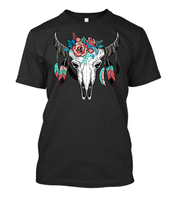Vintage Floral Cow Skull With Feathers T-Shirt