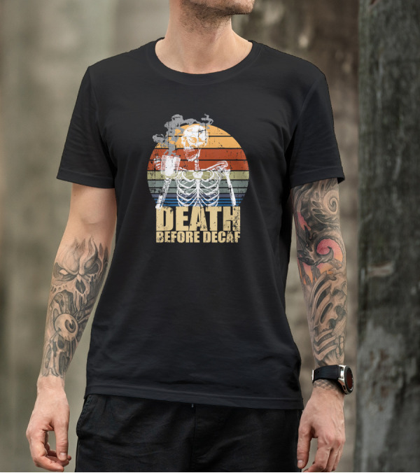 Death Before Decaf Coffee Skeleton Retro Sunset T-Shirt