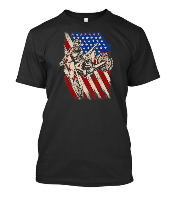 Vintage Motocross Dirt Bike Rider With American Flag Background T-Shirt