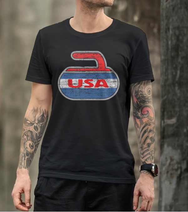 Vintage Distressed Red White And Blue USA Curling Stone T-Shirt