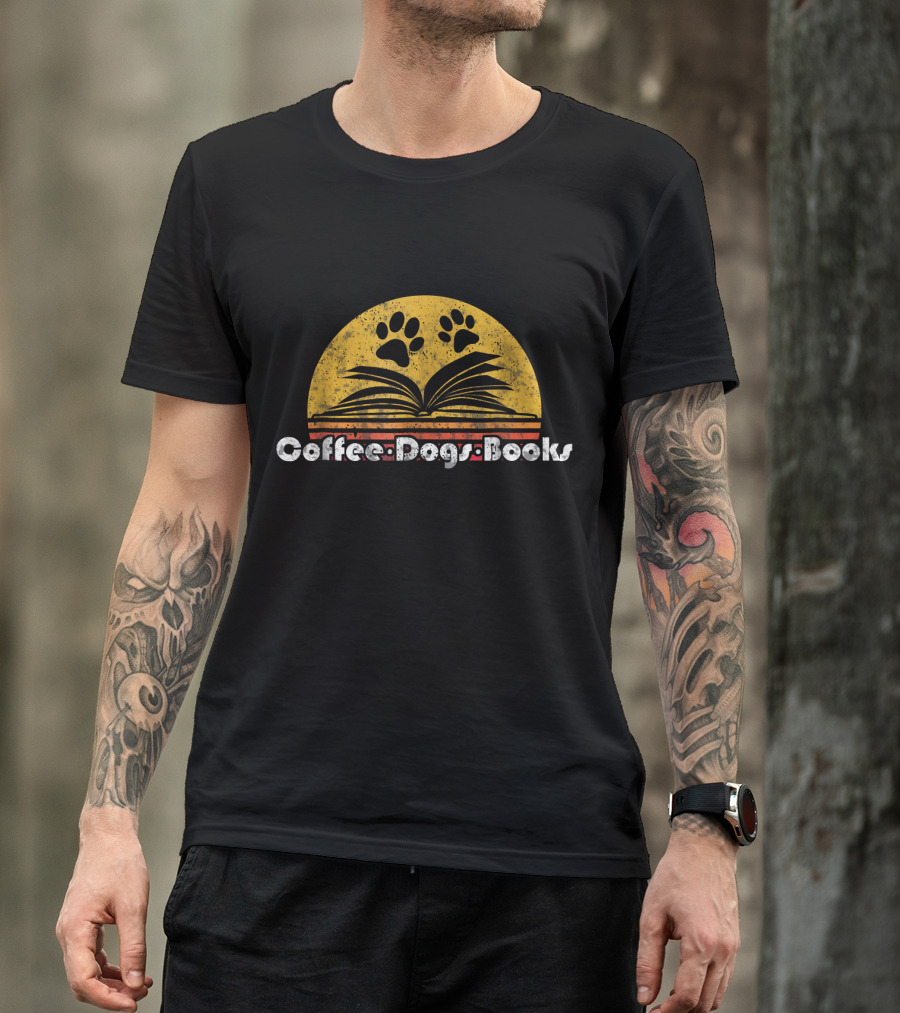 Vintage Coffee Dogs Books Paws Sunburst Reading Retro Vibes T-Shirt