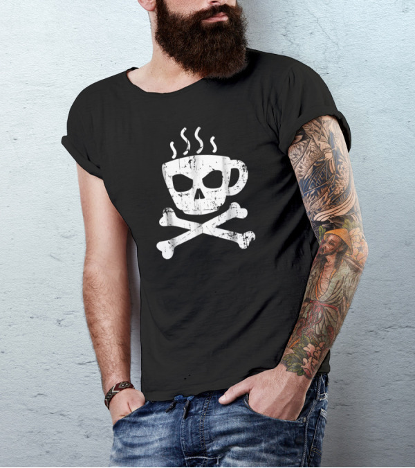 Vintage Retro Coffee Skull Crossbones T-Shirt