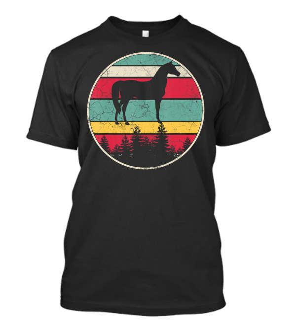 Vintage Retro Equestrian Horse Silhouette With Forest And Striped Circle T-Shirt