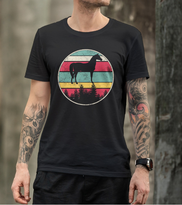 Vintage Retro Equestrian Horse Silhouette With Forest And Striped Circle T-Shirt