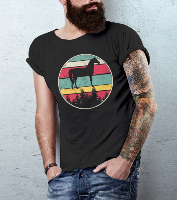Vintage Retro Equestrian Horse Silhouette With Forest And Striped Circle T-Shirt