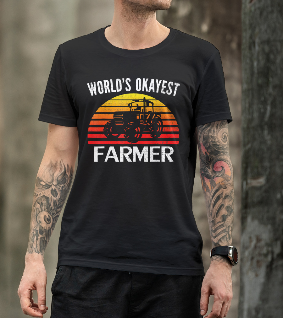 World's Okayest Farmer Vintage Retro Sunset Tractor T-Shirt