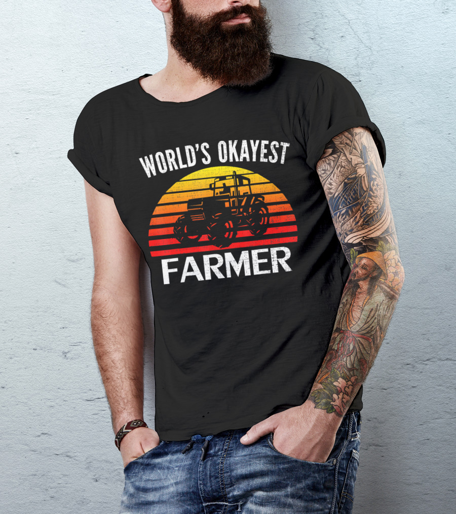 World's Okayest Farmer Vintage Retro Sunset Tractor T-Shirt