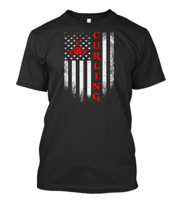 Vintage USA Curling Distressed American Flag Curling Stones And Broom T-Shirt